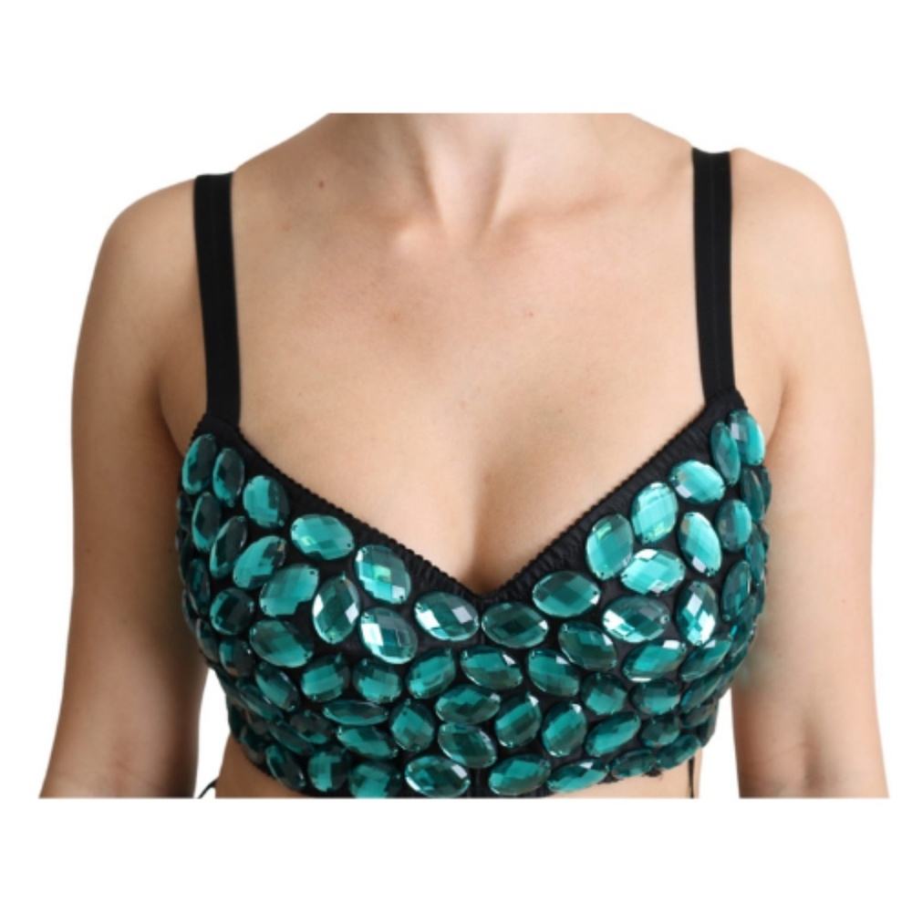 DOLCE & GABBANA Blue Cropped Top Crystal-Embellished Bustier